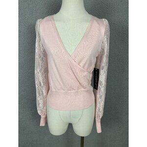 Madden Girl Juniors' Surplice-Neck Lace-Sleeve Sweater Extra Small Pink NWT's